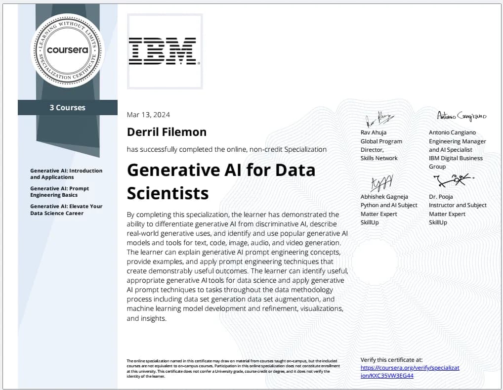 Generative AI for Data Scientists certificate
