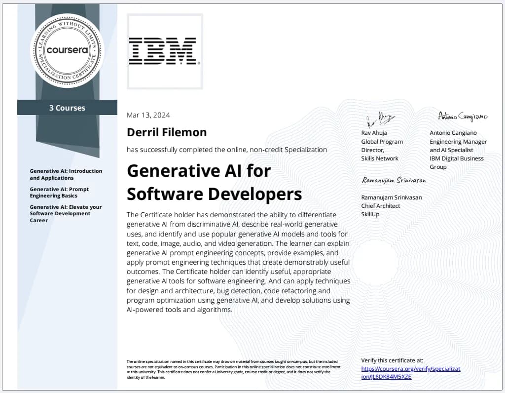Generative AI for Software Developers certificate