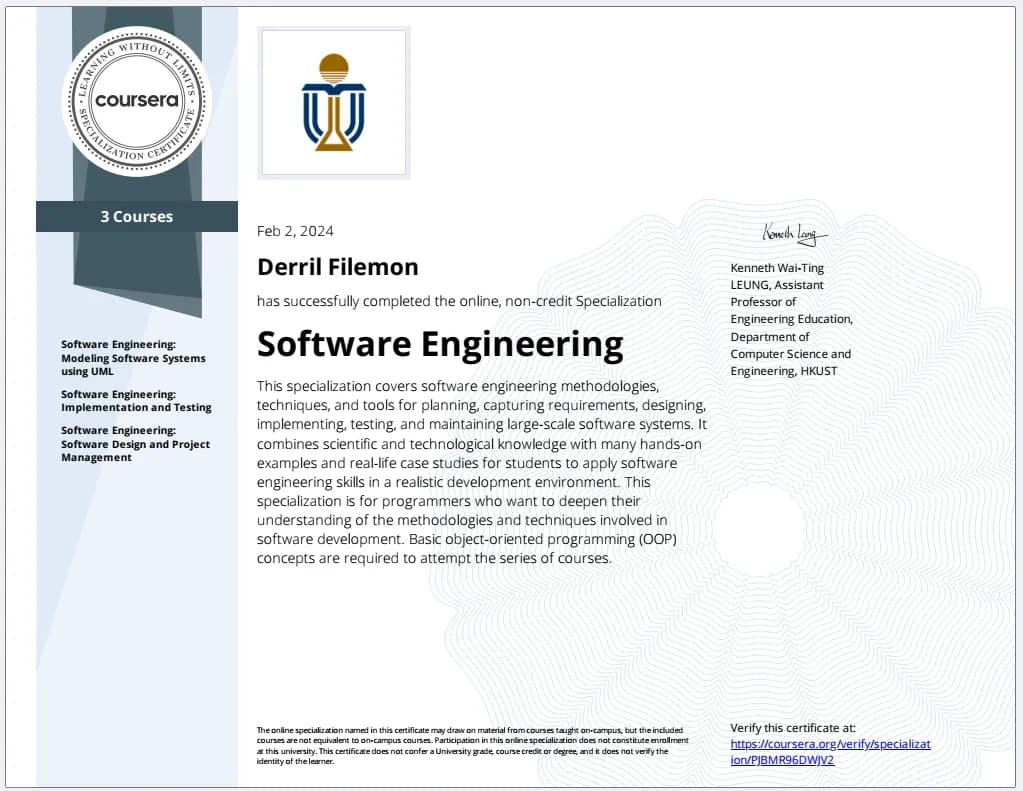 Software Engineering certificate