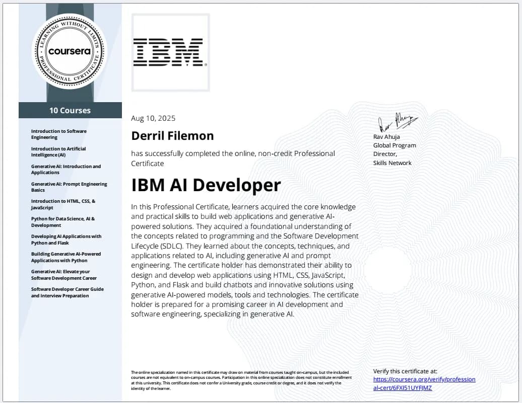 IBM AI Developer certificate
