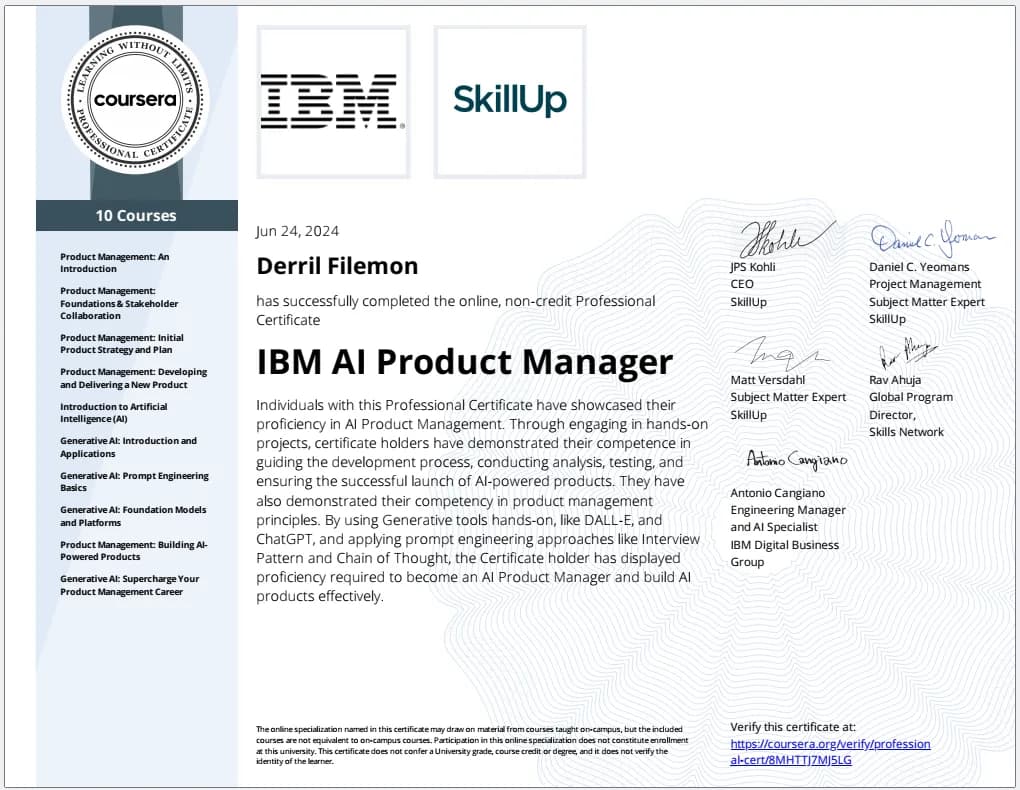 IBM AI Product Manager certificate