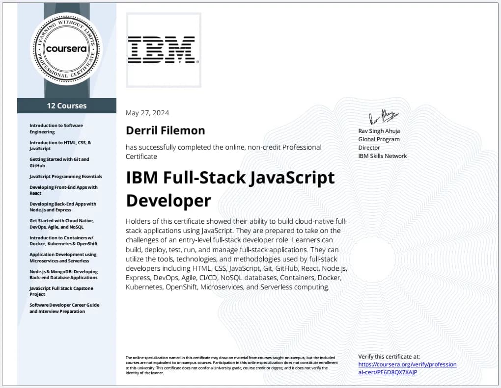 IBM Full-Stack JavaScript certificate