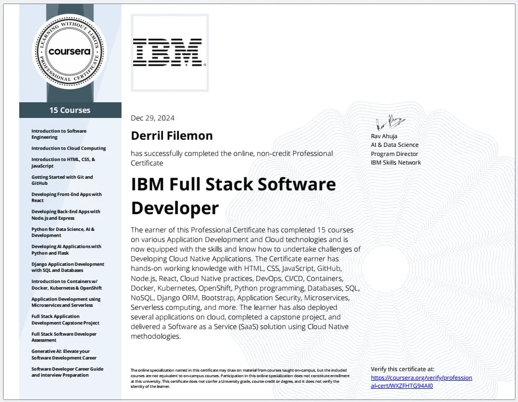 IBM Fullstack Software Developer certificate