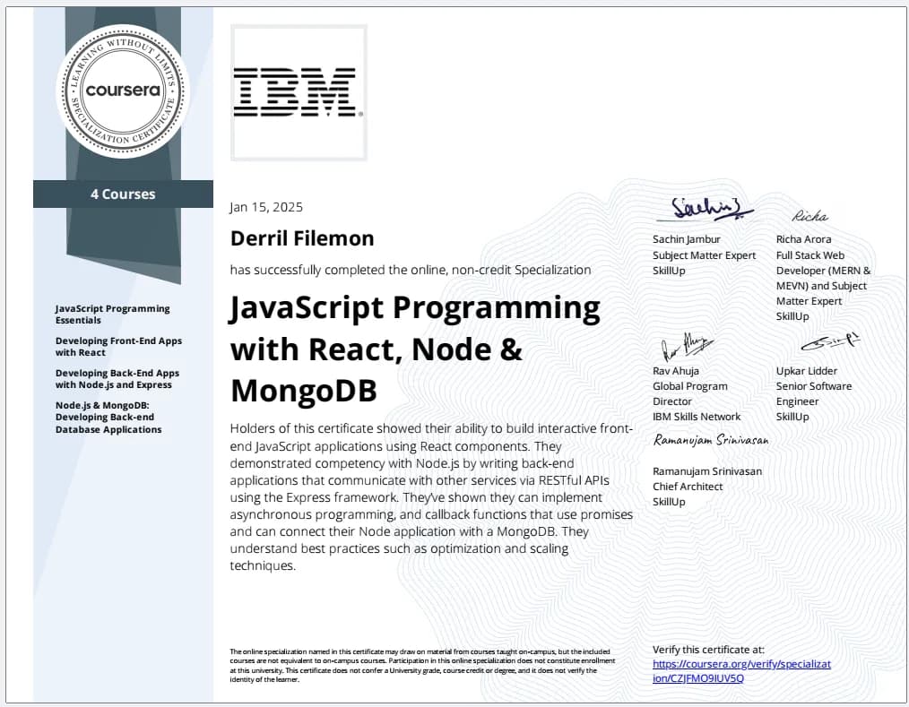 JavaScript Programming with React, Node & MongoDB certificate