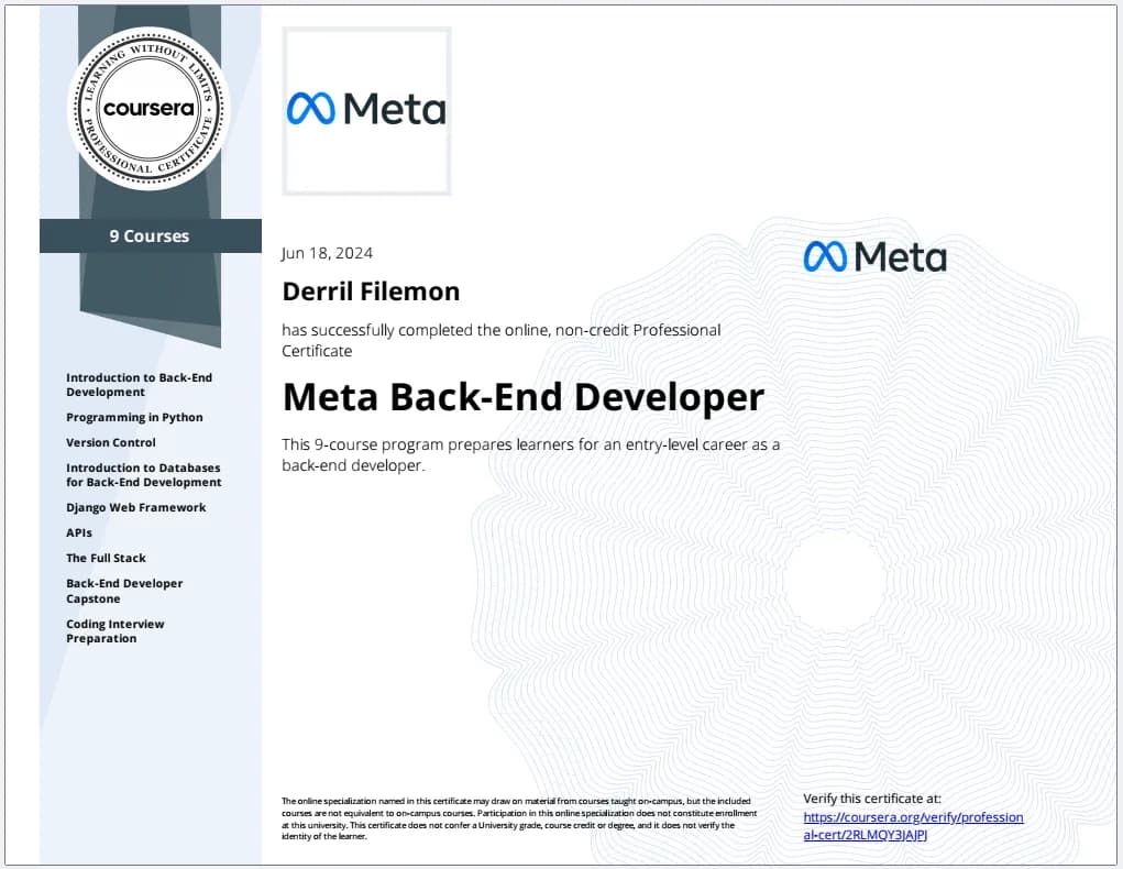 Meta Backend Developer certificate