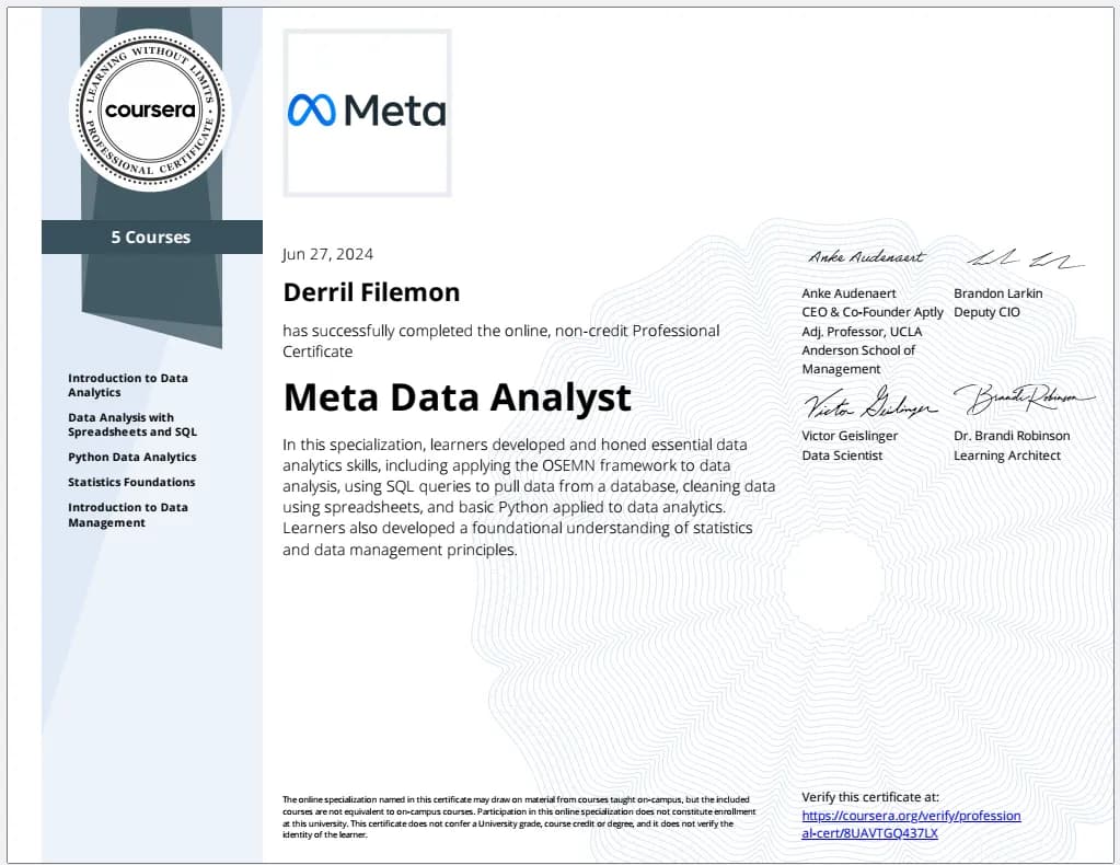 Meta Data Analyst certificate
