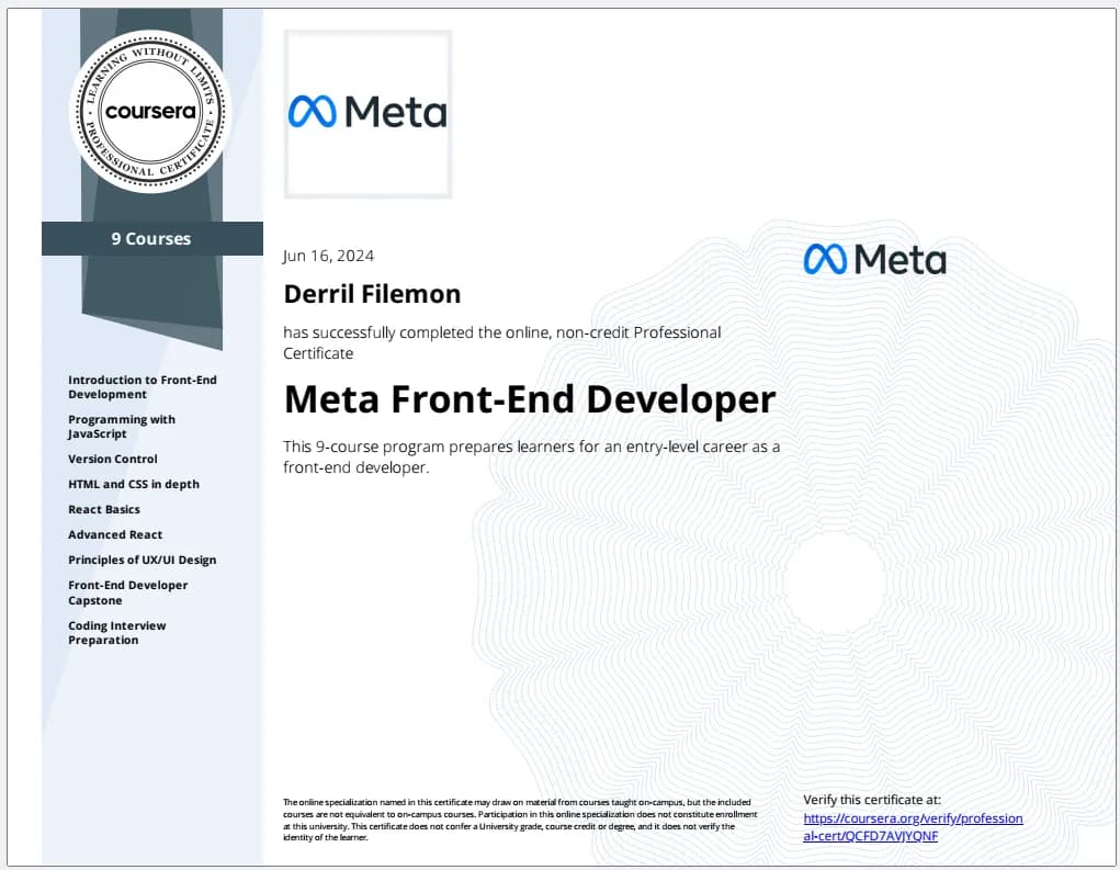 Meta Front-End Developer certificate