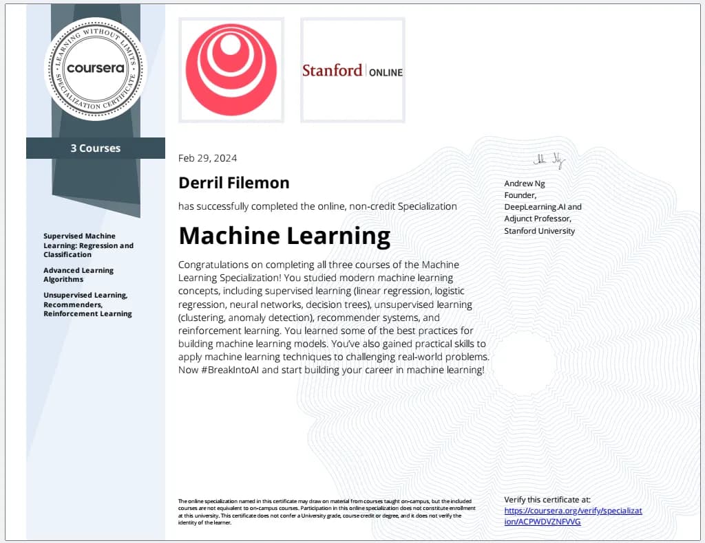 Machine Learning certificate