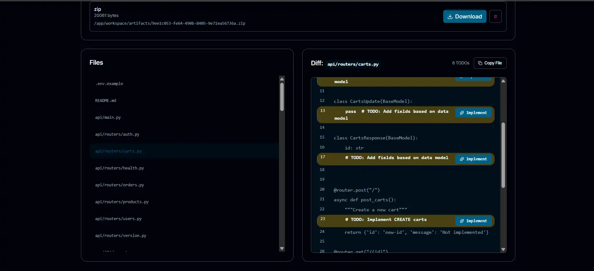AI Powered Full Stack SaaS Builder artifacts view 1 (dark mode)