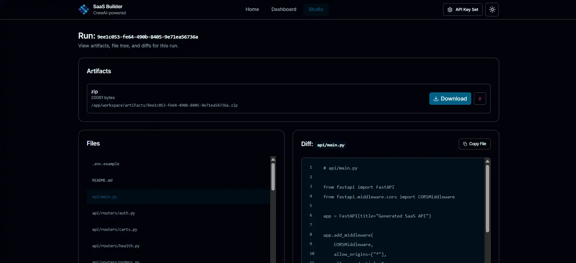 AI Powered Full Stack SaaS Builder artifacts view 2 (dark mode)