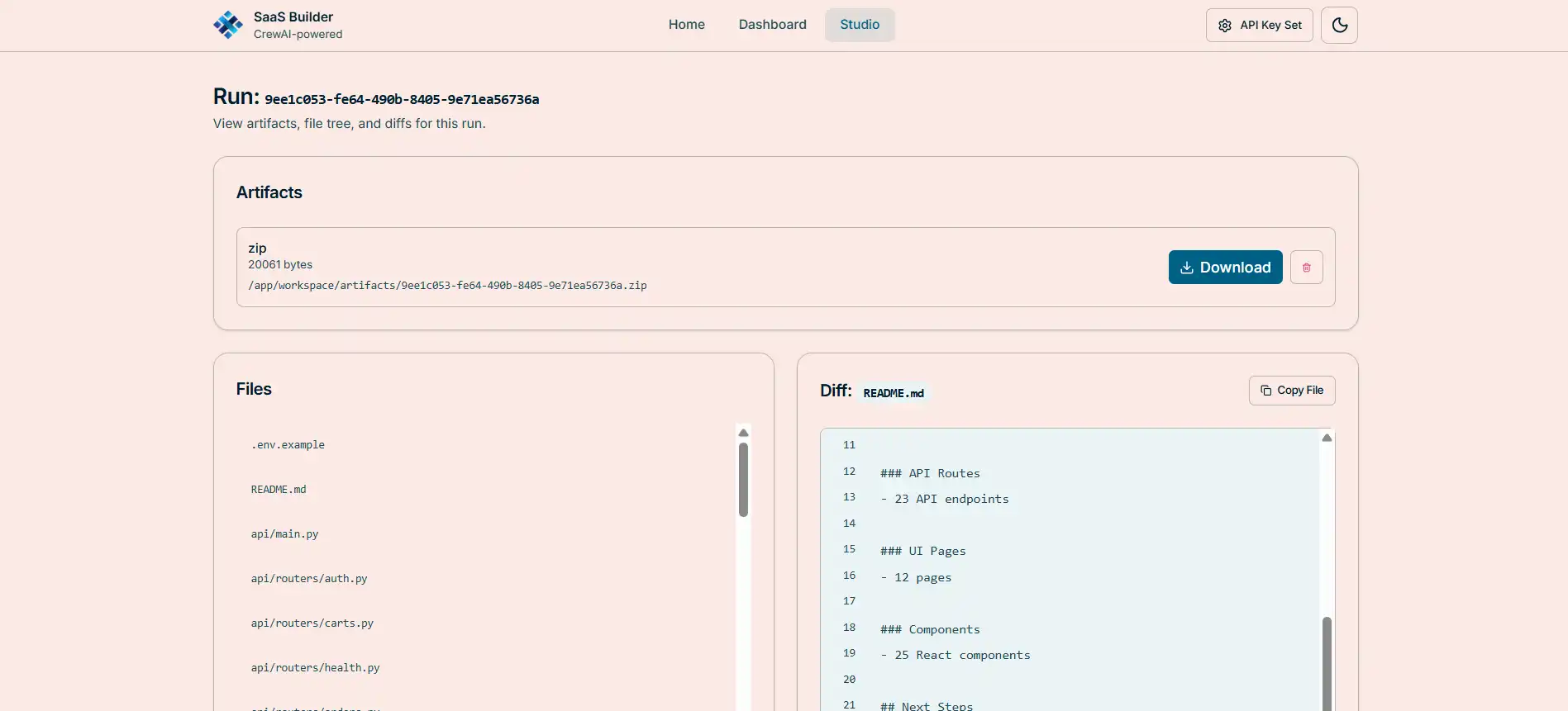 AI Powered Full Stack SaaS Builder artifacts view 1 (light mode)