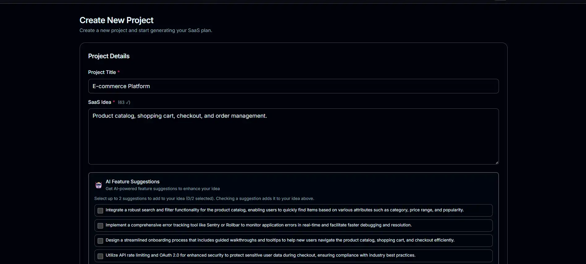 AI Powered Full Stack SaaS Builder create project (dark mode)