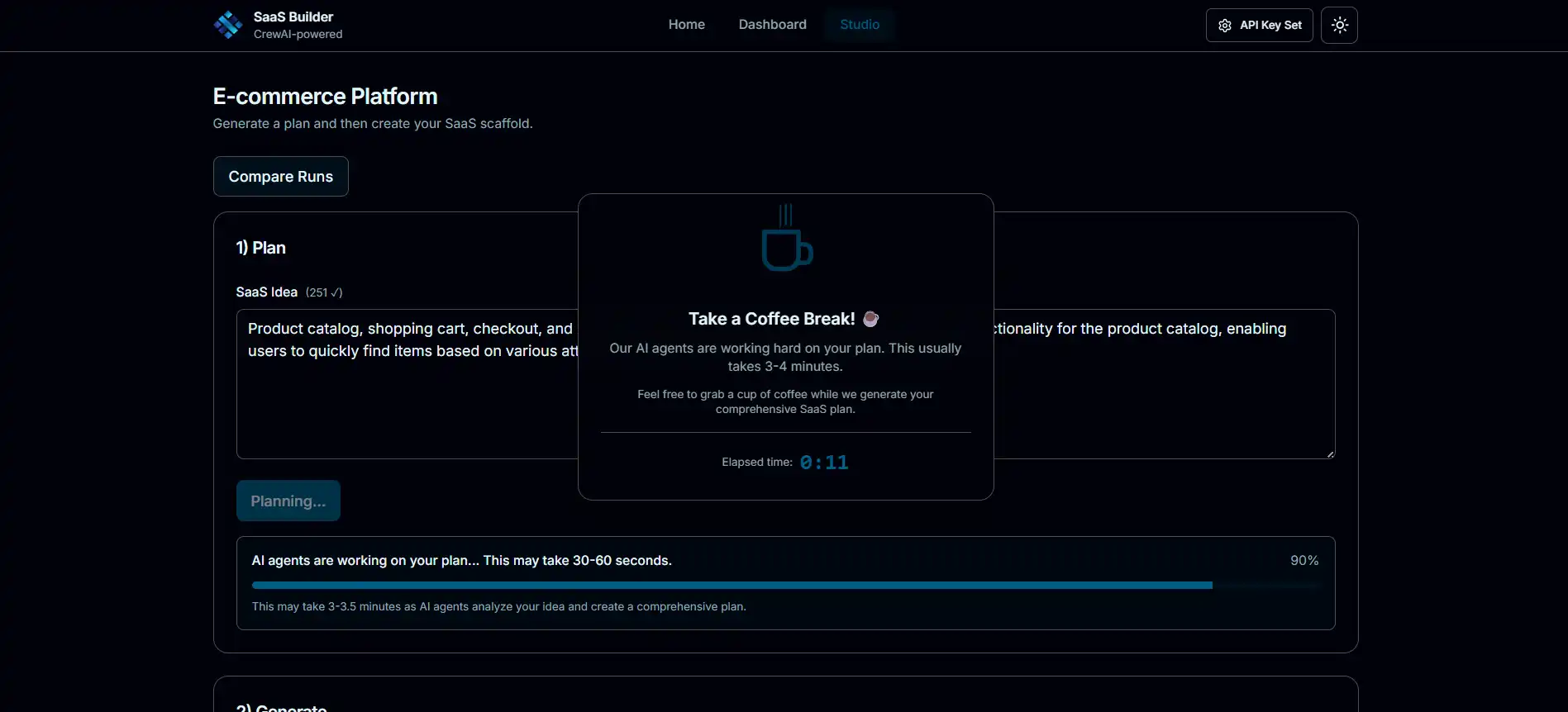 AI Powered Full Stack SaaS Builder create project step 2 (dark mode)
