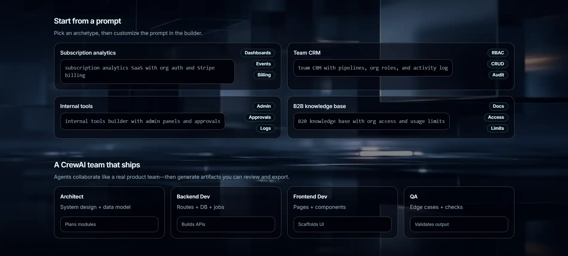 AI Powered Full Stack SaaS Builder features (dark mode)