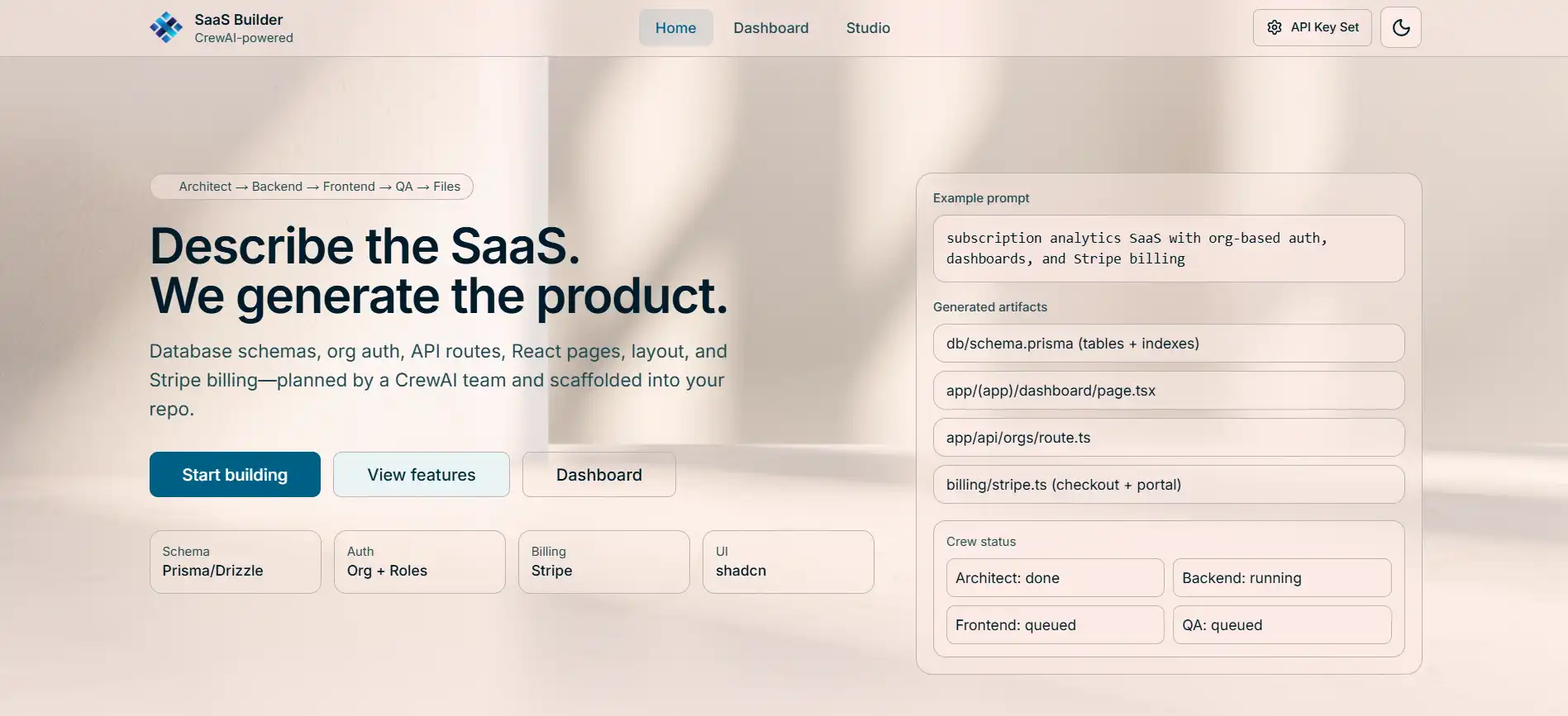 AI Powered Full Stack SaaS Builder homepage (light mode)