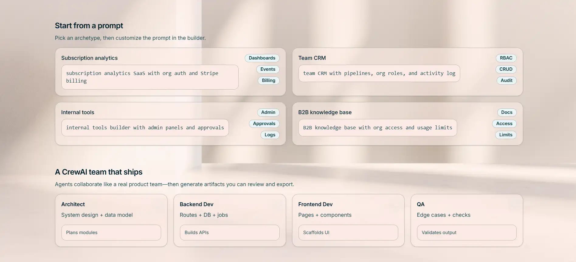 AI Powered Full Stack SaaS Builder features (light mode)