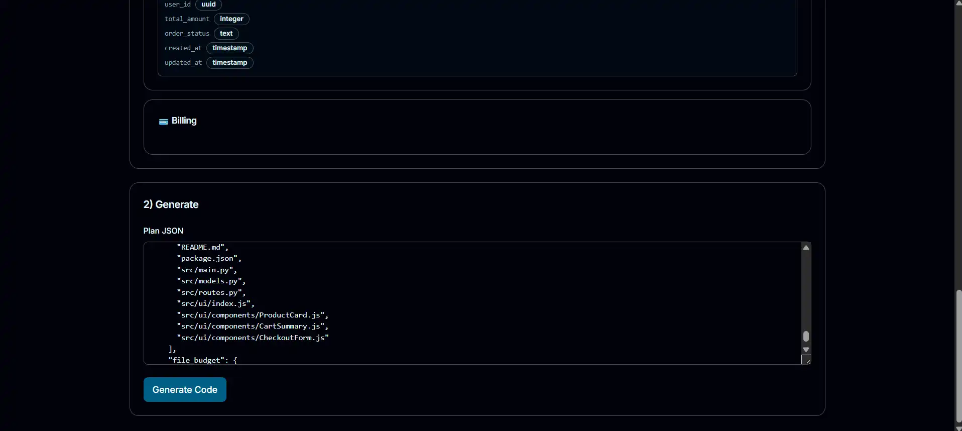 AI Powered Full Stack SaaS Builder project creation step 4 (dark mode)