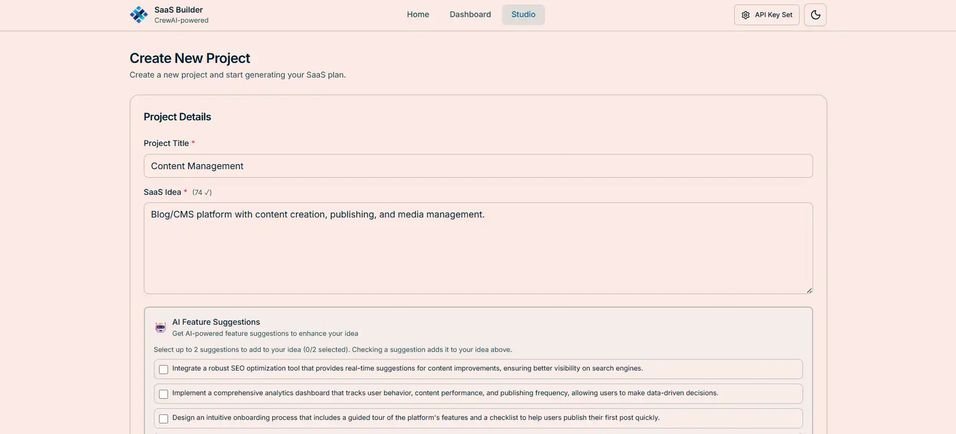 AI Powered Full Stack SaaS Builder project creation (light mode)