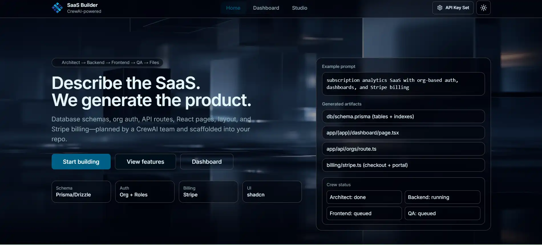 AI Powered Full Stack SaaS Builder homepage (dark mode)