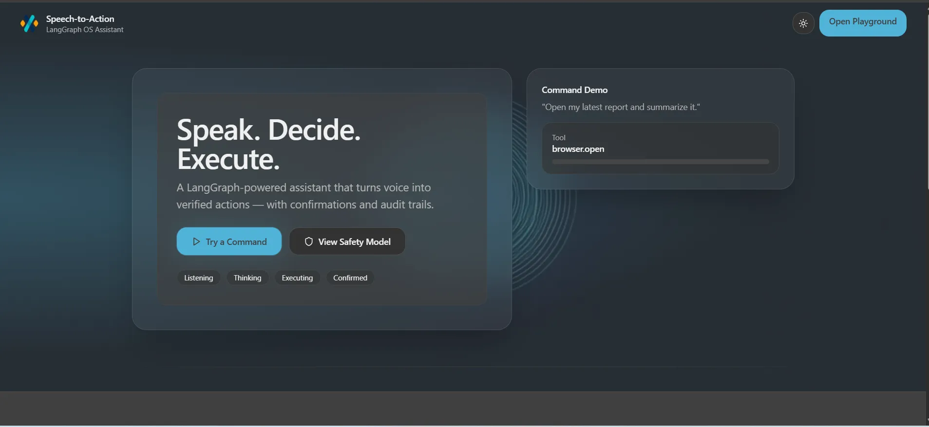 Speech-to-Action OS Assistant homepage